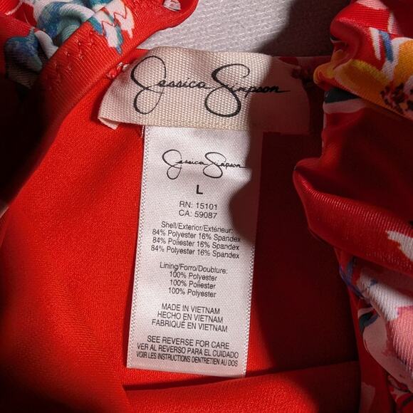 Jessica Simpson Chantilly Lace Frill Shoulder Red Floral One Piece Swimsuit Sz L - Picture 3 of 4